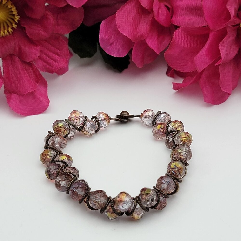 Vintage Pat. Pend. Multicolor Crystal Beaded Bracelet 6.75" Broze Snap Clasp
